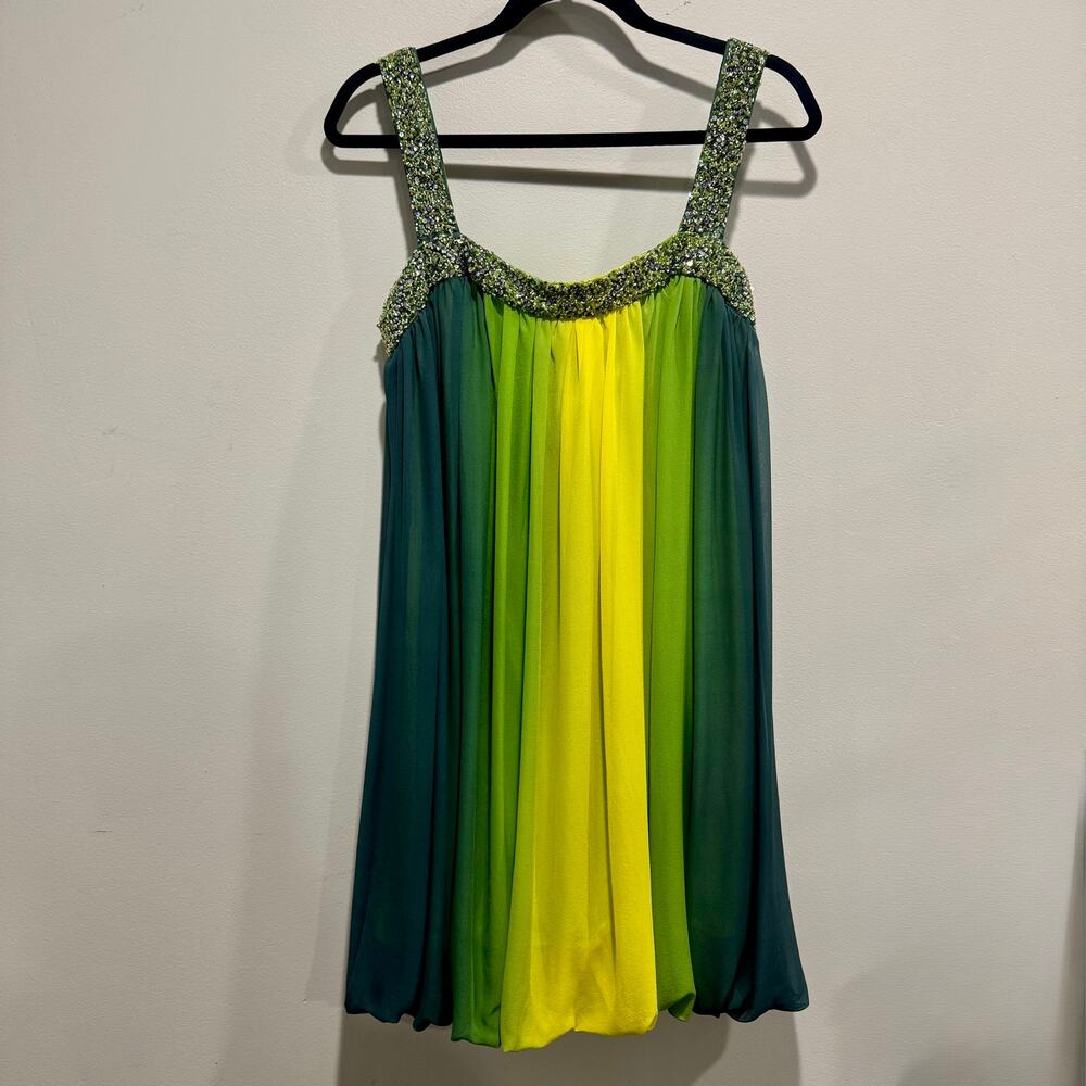 Morrell Maxie Y2K Silk Ombre Bubble Hem Beaded Dress Green Yellow Size 8